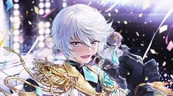  1boy alternate_costume blue_hair cosplay gloves idol idolmaster idolmaster_side-m male_focus microphone mikleo_(tales) multicolored_hair n_8u4 protected_link purple_eyes sorey_(tales) super_live_fes_(idolmaster) tales_of_(series) tales_of_asteria tales_of_zestiria two-tone_hair white_hair 