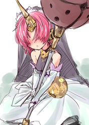  bare_shoulders berserker_of_black blush breasts dress elbow_gloves fate/apocrypha fate_(series) female gloves hair_ornament hair_over_eyes horns mace open_mouth pink_hair short_hair veil weapon white_dress 