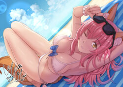  animal_ears armpits beach bikini blush breasts cleavage collarbone commentary day fate/extra fate/grand_order fate_(series) female fox_ears fox_girl fox_tail highres keikei_(kitty_colors) large_breasts long_hair lying nail_polish navel official_alternate_costume on_back one_eye_closed open_mouth outdoors pink_hair revision solo sunglasses swimsuit tail tamamo_(fate) tamamo_no_mae_(fate/extra) tamamo_no_mae_(sexy_bikini)_(fate) white_bikini yellow_eyes 