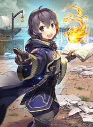  black_eyes black_gloves black_hair boat book cloud commentary_request company_name copyright_name crate female fire fire_emblem fire_emblem_awakening fire_emblem_cipher from_side gloves hmk84 holding holding_book hood hood_down long_sleeves looking_to_the_side magic_circle morgan_(female)_(fire_emblem) morgan_(fire_emblem) official_art open_book open_mouth pointing robe short_hair sky solo watercraft wide_sleeves 