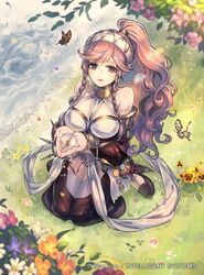  braid breasts bug butterfly cleavage commentary_request company_name copyright_name female fire_emblem fire_emblem_awakening fire_emblem_cipher flats grass hairband kinoshita_kotetsu large_breasts long_hair official_art olivia_(fire_emblem) outdoors parted_lips petals pink_eyes pink_hair ponytail shawl side_braid side_braids sitting smile solo thighhighs twin_braids water wavy_hair white_thighhighs 