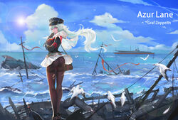  animal ass azur_lane bird boat clouds gloves graf_zeppelin_(azur_lane) guernica hat long_hair pantyhose pink_eyes scenic skirt sky torn_clothes uniform water white_hair 