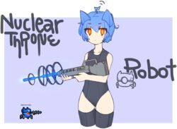  :&lt; ahoge alternate_costume animal_ears black_one-piece_swimsuit black_thighhighs blue_hair blush character_name collarbone commentary_request copyright_name cropped_legs female gun hair_between_eyes holding holding_weapon k.blank looking_at_viewer nuclear_throne one-piece_swimsuit orange_eyes outside_border personification rifle robot_(nuclear_throne) school_swimsuit short_hair solo swimsuit thighhighs weapon 