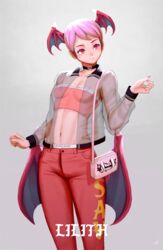  alternate_costume bag bat_wings breasts choker commentary contemporary crop_top demon_girl fashion female fingernails fishnets handbag head_wings lilith_aensland low_wings midriff mynare navel purple_hair red_eyes see-through short_hair small_breasts solo vampire_(game) wings 