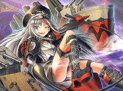  :d azur_lane belt belt_buckle black_belt black_choker black_footwear black_hat black_jacket black_panties black_skirt blue_eyes boots breasts buckle chains choker cleavage collarbone commentary_request cropped_jacket cross cross-laced_footwear cyborg deutschland_(azur_lane) eyebrows female goggles goggles_on_headwear grey_hair gun halterneck handgun hat holding holding_gun holding_weapon holding_whip iroia iron_cross jacket lace-up_boots leg_belt leg_up long_hair long_sleeves looking_away machinery mechanical_hands miniskirt multicolored_hair open_clothes open_jacket open_mouth outline panties pantyshot platform_boots platform_footwear prosthesis prosthetic_hand red_hair ribbon sharp_teeth shirt single_mechanical_hand skirt small_breasts smile smoke solo streaked_hair teeth tongue turret underwear uneven_eyes very_long_hair weapon whip white_hair white_ribbon white_shirt 