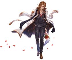  1boy alpha_transparency brown_hair buttons double-breasted formal full_body gloves granblue_fantasy hand_in_pocket jacket jacket_on_shoulders jewelry long_hair male_focus minaba_hideo necklace official_art petals rose_petals siegfried_(granblue_fantasy) smile solo suit the_dragon_knights transparent_background walking white_gloves white_jacket 