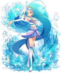  absurdly_long_hair bad_id bad_pixiv_id blue_eyes blue_hair boots commentary_request cure_mermaid earrings female full_body go!_princess_precure jewelry kaidou_minami knee_boots long_hair magical_girl midriff naokado navel precure shell shell_earrings skirt solo very_long_hair white_footwear 