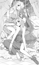  3girls ayase_eli bow closed_eyes commentary_request curtain_grab curtains dress greyscale hairbow half_updo hand_on_another&#039;s_thigh high_heels karuha kneeling long_hair looking_at_viewer love_live! love_live!_school_idol_project monochrome multiple_girls nishikino_maki one_eye_closed pillow sitting soldier_game sonoda_umi swept_bangs tiara window 