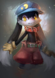  anthro bandai_namco big_eyes big_head clothed clothing digital_media_(artwork) digital_painting_(artwork) domestic_cat felid feline felis hi_res klonoa klonoa_(series) lagomorph leporid male mammal puinkey_(artist) rabbit simple_background smile solo toony topless yellow_eyes young 