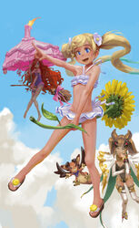  3girls anna_(granblue_fantasy) blonde_hair blue_eyes brown_hair candle commentary_request doyora dragon erune flat_chest flower granblue_fantasy hair_flower hair_ornament io_(granblue_fantasy) io_(summer)_(granblue_fantasy) long_hair long_legs metera_(granblue_fantasy) miniskirt multiple_girls official_alternate_costume photoshop_(medium) red_hair sandals skirt solo_focus swimsuit twintails vyrn_(granblue_fantasy) 