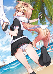  1boy admiral_(kancolle) aokihoshi ass beach black_gloves black_legwear blue_sky bow brown_eyes brown_hair cameltoe cloud coconut_tree commentary_request day dutch_angle feet female fingerless_gloves from_behind gloves hair_flaps hair_ornament hair_ribbon hairbow hairclip head_tilt holding_hands horizon kantai_collection kneepits lighthouse long_hair long_legs looking_back ocean outdoors palm_tree panties pantyshot photoshop_(medium) pleated_skirt pointing ribbon scarf school_uniform serafuku skirt sky socks soles standing tree trefoil underwear white_gloves white_panties yuudachi_(kancolle) yuudachi_kai_ni_(kancolle) 