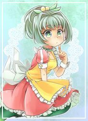  +_+ apron bad_id bad_pixiv_id beads bow cardfight!!_vanguard choker commentary_request female finger_to_face fresh_star_coral green_choker green_eyes green_hair green_thighhighs hair_beads hair_ornament index_finger_raised maid solo ssk_sasasa thighhighs white_bow wrist_cuffs yellow_apron 