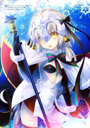  absurdres ahoge bell bikini bikini_top_only black_bikini black_gloves breasts capelet cleavage detached_sleeves doujinshi fate/grand_order fate_(series) female gloves grey_hair hair_ornament hair_ribbon highres holding holding_weapon jeanne_d&#039;arc_alter_santa_lily_(fate) kobayashi_yoshitaka looking_at_viewer open_mouth red_skirt red_thighhighs ribbon santa_costume santa_gloves scan short_hair skirt small_breasts solo strapless strapless_bikini striped striped_ribbon swimsuit thighhighs weapon white_santa_costume yellow_eyes 