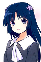  ascot black_hair blue_eyes blurry breasts commentary_request female flower hair_flower hair_ornament kyoukai_no_rinne long_hair long_sleeves looking_at_viewer parted_bangs parted_lips school_uniform shima_renge simple_background small_breasts solo upper_body usashiro_mani white_ascot white_background 