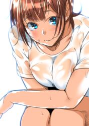  blue_eyes breasts brown_hair commentary_request female large_breasts looking_at_viewer ojo_(dfreak) original shirt short_hair simple_background solo wet wet_clothes wet_shirt white_background 