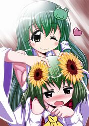  2girls bad_id bad_pixiv_id blush breasts detached_sleeves flower frog_hair_ornament green_hair hair_flower hair_ornament kazami_yuuka kochiya_sanae kuroda_ariake long_hair medium_breasts multiple_girls one_eye_closed open_mouth short_hair smile sunflower touhou 