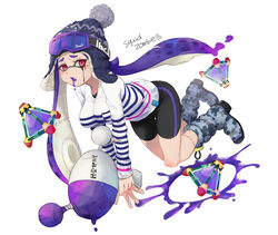  bike_shorts black_shorts blue_footwear blue_hat blunt_bangs bobblehat boots camouflage_footwear commentary_request english_text female floating goggles goggles_on_headwear hat holding holding_weapon inkling inkling_(language) inkling_girl inkling_player_character long_hair long_sleeves looking_at_viewer luna_blaster_(splatoon) mimimi_(echonolog) oerba_yun_fang open_mouth paint_splatter pointy_ears purple_hair red_eyes saliva shirt shorts simple_background single_vertical_stripe ski_goggles solo splat_bomb_(splatoon) splatoon_(series) splatoon_1 squid stitches striped_clothes striped_shirt t-shirt tentacle_hair thigh_gap torn_clothes torn_shirt weapon white_background white_shirt zombie 