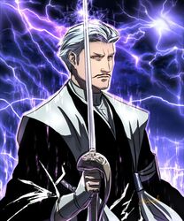  1boy aura bad_id bad_pixiv_id bankai bleach closed_mouth electricity electrokinesis furrowed_brow glowing gonryoumaru_(shikai) grey_hair hair_slicked_back holding holding_sword holding_weapon koukou_gonryou_rikyuu_(bankai) lightning looking_at_viewer magic male_focus purple_background rapier san-san_(pixiv16523866) sasakibe_choujirou serious shikai shinigami signature solo sword weapon yellow_eyes zanpakutou 