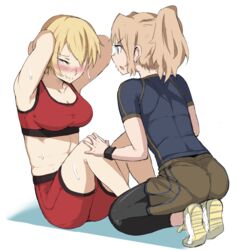  2girls abs arms_behind_head bike_shorts blonde_hair blue_eyes blush braid breasts cleavage collarbone commentary_request darjeeling_(girls_und_panzer) exercising girls_und_panzer hands_on_another&#039;s_knees kay_(girls_und_panzer) large_breasts leggings midriff multiple_girls nexas ponytail sit-up sports_bra sweat tight_clothes white_background wristband 