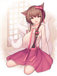  absurdres ahri_(league_of_legends) animal_ears bad_id bad_pixiv_id breasts brown_hair cleavage dduck_kong dynasty_ahri female fox_ears hanbok highres korean_clothes large_breasts league_of_legends long_sleeves medium_hair oerba_yun_fang open_mouth photoshop_(medium) pink_ribbon pink_skirt ribbon skirt smile solo yellow_eyes 