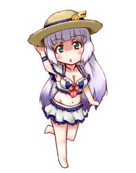  aqua_eyes blush breasts chibi commentary_request female grey_hair gundam gundam_exa hand_on_headwear hat long_hair medium_breasts navel solo sthesia_awar sun_hat swimsuit very_long_hair wasumi_kei 