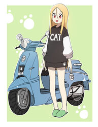  absurdres blonde_hair bural_chingu commentary female full_body highres hood hoodie korean_commentary lee_ji-min long_hair luke_(dydansgur) motor_vehicle open_mouth original red_eyes scooter slippers smile solo 