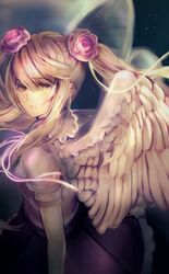  angel_wings arms_at_sides brown_eyes commentary_request ei_(winnie5111) female flower hair_flower hair_ornament highres kamomebata_noriko kuzu_no_honkai light_brown_hair long_hair looking_back parted_lips solo standing twintails white_wings wings 