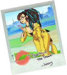  breasts brown_hair cleavage commentary cosplay female glasses green_eyes hizzacked hizzy_(hizzacked) long_hair medium_breasts multicolored_hair original pikachu pikachu_(cosplay) pikachu_costume pokemon ponytail pun self-portrait solo transparent_background two-tone_hair 