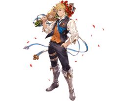  1boy alpha_transparency ascot blonde_hair boots bouquet flower full_body granblue_fantasy hand_in_pocket jewelry looking_at_viewer male_focus minaba_hideo official_art petals ring rose rose_petals short_hair smile solo standing the_dragon_knights transparent_background vane_(granblue_fantasy) vane_(the_dragon_knights)_(granblue_fantasy) vest waistcoat 