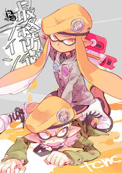  1boy arm_behind_head army-kun_(splatoon) beret bike_shorts black_necktie black_shirt black_shorts blunt_bangs coat commentary_request content_rating cross-laced_footwear emblem facepaint female forge-chan_(splatoon) green_coat grey_coat hat long_hair looking_at_viewer lying necktie oerba_yun_fang on_stomach open_mouth orange_eyes orange_hair orange_hat pointy_ears rapid_blaster_(splatoon) red_footwear serizawa_nae shirt shoes shorts single_vertical_stripe sitting sitting_on_person splatoon_(manga) splatoon_(series) straddling straight-laced_footwear tentacle_hair translation_request white_footwear wing_collar 