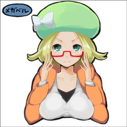  beret bianca_(pokemon) blonde_hair blush breast_mousepad breasts collarbone commentary_request female flipped_hair glasses green_eyes green_hat hat lowres medium_breasts medium_hair megane_chuu mousepad_(medium) pokemon pokemon_bw2 solo 