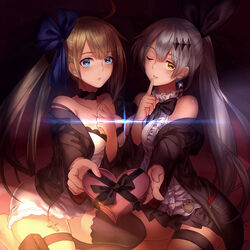  2girls blue_eyes blush box brown_hair chinese_commentary choker commentary_request cross fal_(girls&#039;_frontline) finger_to_mouth five-seven_(girls&#039;_frontline) gift girls&#039;_frontline grey_hair hair_ribbon hand_on_own_chest heart-shaped_box highres huaji hzfz5427 long_hair multiple_girls one_eye_closed photoshop_(medium) ponytail ribbon single_thighhigh smile thighhighs yellow_eyes 