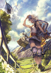  aircraft airship belt bike_shorts blue_eyes cloud commentary_request day farrah_(granblue_fantasy) female granblue_fantasy knee_pads open_mouth outdoors ryouku shield short_hair solo sword tree walking weapon white_hair 