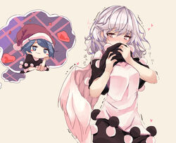  2girls beige_background black_capelet black_dress blob blue_eyes blue_hair blush blush_stickers breasts capelet chibi commentary_request cosplay covered_mouth cowboy_shot datee doremy_sweet doremy_sweet_(cosplay) dress feathered_wings grin hands_up hat head_rest heart highres kishin_sagume looking_at_another medium_breasts multicolored_clothes multicolored_dress multiple_girls nose_blush parted_lips pink_eyes pom_pom_(clothes) red_hat santa_hat short_hair simple_background single_wing smelling smelling_clothes smile standing swept_bangs thought_bubble touhou translation_request trembling upper_body white_dress white_hair white_wings wings yuri 