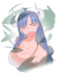  1girls blue_hair cleavage covered_mouth female_only horns large_breasts looking_at_viewer mouth_mask one_piece pink_eyes raine_(acke2445) solo staring tank_top ulti_(one_piece) 