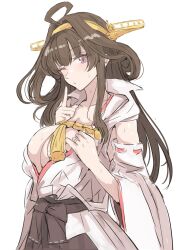  absurdres ahoge breasts brown_hair brown_skirt cleavage detached_sleeves double_bun female hair_bun headgear highres index_finger_raised japanese_clothes kantai_collection ken_(shutenndouji1) kongou_(kancolle) large_breasts long_hair nontraditional_miko one_eye_closed pleated_skirt purple_eyes ribbon-trimmed_sleeves ribbon_trim simple_background skirt solo white_background 