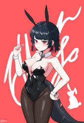  absurdres alternate_costume animal_ears between_breasts black_leotard black_necktie breasts brown_pantyhose candy cleavage closed_mouth colored_inner_hair commentary detached_collar ellen_joe fake_animal_ears female fins fish_tail food highres holding holding_candy holding_food holding_lollipop large_breasts leotard lollipop looking_at_viewer migae1384 mole mole_on_arm mole_on_breast mole_under_eye multicolored_hair necktie necktie_between_breasts pantyhose playboy_bunny rabbit_ears red_background red_eyes red_hair shark_girl shark_tail sharktuna solo standing tail two-tone_hair zenless_zone_zero 