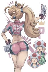  2boys ando606mph ass back blonde_hair crown earrings female gloves highres jewelry long_hair mario_(series) mario_strikers multiple_boys one_eye_closed ponytail princess_peach shorts sportswear toad_(mario) 