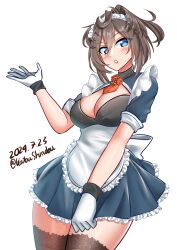  absurdres adapted_costume alternate_costume apron ascot blue_dress blue_eyes breasts brown_eyes cleavage cleavage_cutout clothing_cutout dated dress enmaided female flower gloves highres kantai_collection katou_shinobu maid maid_headdress medium_breasts messy_hair neck_flower one-hour_drawing_challenge parted_lips ponytail red_ascot red_flower red_rose rose sheffield_(kancolle) solo twitter_username white_apron white_gloves 