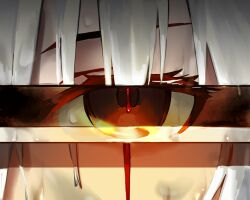  arknights blood blood_on_face blood_on_weapon close-up commentary_request english_commentary eye_focus female grey_hair lappland_(arknights) looking_at_viewer mixed-language_commentary nsd_cre orange_eyes reflection reflection_focus revision solo sweat sword weapon 