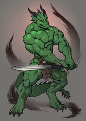  1boy dragon full-length_portrait full_length green_body green_skin horns lizard looking_at_viewer male male_only pokkuti portrait reptile scalie solo standing sword varanis_blackclaw weapon 