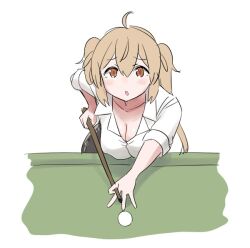  ahoge alternate_costume ball billiard_ball billiards breasts brown_eyes cleavage collared_shirt cue_stick dress_shirt female kantai_collection large_breasts long_hair murasame_(kancolle) pool_table shirt simple_background solo table tamu_(mad_works) twintails white_background white_shirt 