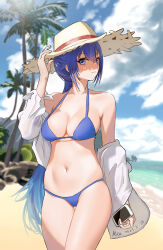  azur_lane beach bikini blue_bikini blue_hair blue_sky breasts bush cellphone cleavage closed_mouth cloud collarbone crossed_bangs dated day dead_knight_(20355611) female gradient_background hair_between_eyes hat highres holding holding_phone jacket long_hair medium_breasts multicolored_hair navel new_jersey_(azur_lane) ocean outdoors palm_tree phone purple_eyes purple_hair signature sky smartphone straw_hat sun_hat swimsuit tree two-tone_hair very_long_hair white_jacket 