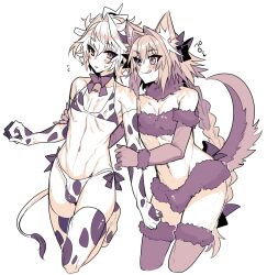  2boys :q animal_ear_fluff animal_ears animal_print astolfo_(fate) bell bikini black_bow blush bow braid cosplay covered_nipples cow_ears cow_horns cow_print cow_print_bikini cow_print_gloves cow_print_thighhighs cropped_legs crossdressing dog_ears dog_tail fate/apocrypha fate/grand_order fate_(series) fur-trimmed_gloves fur-trimmed_thighhighs fur_bikini fur_choker fur_trim gloves hair_intakes hairbow haoro horns hug leg_up linea_alba long_braid long_hair male_focus mash_kyrielight mash_kyrielight_(dangerous_beast) mash_kyrielight_(dangerous_beast)_(cosplay) monochrome multiple_boys navel neck_bell otoko_no_ko parted_lips print_bikini print_gloves print_thighhighs short_hair sieg_(fate) simple_background single_braid strapless swimsuit tail thighhighs tongue tongue_out tube_top very_long_hair white_background 