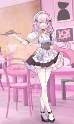  :o absurdres apron black_choker black_dress black_footwear blue_eyes breasts chair choker cleavage clothing_cutout dress elf elysia_(honkai_impact) elysia_(miss_pink)_(honkai_impact) elysia_(miss_pink_elf)_(honkai_impact) fake_tail female flower food high_heels highres holding holding_clothes holding_dress holding_plate honkai_(series) honkai_impact_3rd indoors large_breasts long_hair looking_at_viewer maid maid_apron maid_headdress missdal pink_hair plate pointy_ears sandwich side_cutout table tail thighhighs thighs white_apron white_thighhighs zettai_ryouiki 