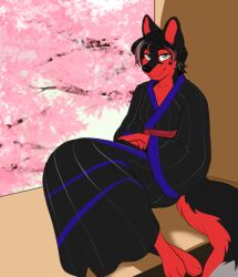  2023 3_toes 5_fingers anthro asian_clothing bangs bedroom_eyes bent_arm bent_legs black_body black_claws black_clothing black_eyebrows black_fur black_hair black_kimono black_nose black_tail breasts canid canine canis cheek_tuft cherry_blossom claws cleavage clothed clothing collarbone colored digital_drawing_(artwork) digital_media_(artwork) dipstick_tail domestic_dog east_asian_clothing eyebrows eyelashes facial_tuft feet female finger_claws fingers flower fluffy fluffy_tail fur grey_eyes grey_hair grey_tail_tip hair highlights_(coloring) husky inspy_rosewood jailbird japanese_clothing kimono looking_at_viewer mammal markings multicolored_body multicolored_fur multicolored_hair multicolored_tail narrowed_eyes nordic_sled_dog paws plant prunus_(flower) red_body red_fur red_hair red_inner_ear red_tail seductive shaded short_hair simple_shading sitting smile smiling_at_viewer solo spitz star_(marking) tail tail_markings toes tree tuft 