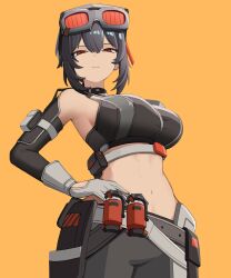  absurdres bare_shoulders belt black_hair black_pants cowboy_shot crop_top female goggles goggles_on_head grace_howard grey_belt highres midriff navel orange_background pants red_eyes short_hair solo sports_bra standing stomach yuu_azma zenless_zone_zero 