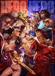  6+boys 6+girls afro android athena_(series) bikini blank_eyes blonde_hair blue_eyes bracelet breasts capcom chun-li crossed_arms crossover dark_skin demitri_maximoff demon demon_wings dougi earthquake_(samurai_spirits) energy_sword fangs fatal_fury fatal_fury_cap final_fight gloves helmet high_five highres holding holding_sword holding_weapon hugo_andore jewelry large_breasts logo long_hair makaimura mars_people medium_breasts mega_man_(series) mega_man_zero_(series) metal_slug multiple_boys multiple_crossover multiple_girls muscular official_art ogura_eisuke open_mouth princess_athena red_arremer red_bikini rivalry ryu_(street_fighter) ryuuko_no_ken samurai_spirits shiranui_mai simple_background smile snk street_fighter studded_bracelet svc_chaos swimsuit sword tabasa tentacle terry_bogard the_king_of_fighters thumbs_up toudou_kasumi upper_body vampire_(game) warzard weapon wings wizard yagami_iori yellow_eyes z_saber zero(z)_(mega_man) zero_(mega_man) 