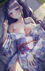  bare_shoulders bed_sheet blush braid breasts cleavage commentary_request cowboy_shot female genshin_impact hair_ornament hand_up highres japanese_clothes kimono large_breasts long_hair looking_at_viewer lying mikoto_(0709mikoto) obi off_shoulder on_back purple_eyes purple_hair purple_kimono raiden_shogun sash solo very_long_hair 