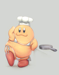  1boy bikini chef_hat chef_kawasaki commentary_request frying_pan grey_background hat highres kaiben-san_tarou kirby_(series) male_focus micro_bikini side-tie_bikini_bottom smile solo swimsuit white_bikini 